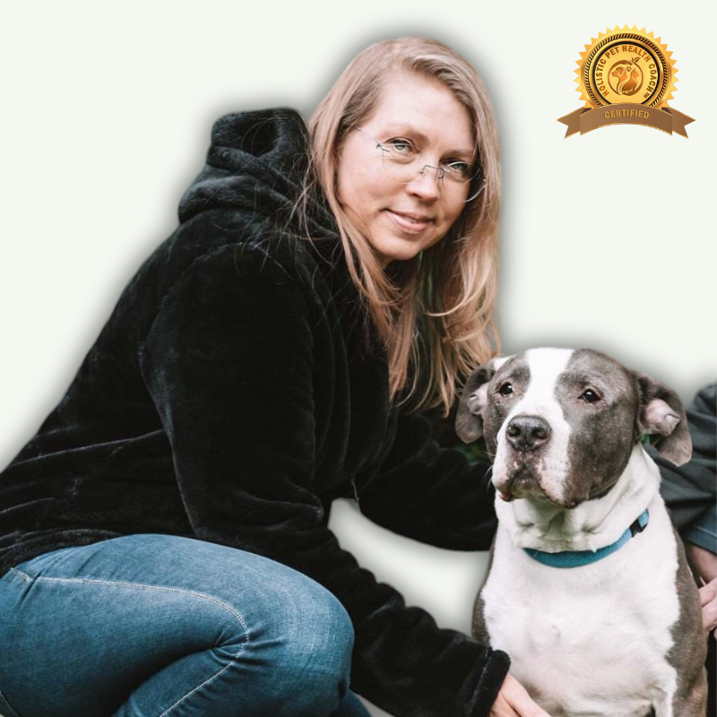 Karin Druckenmiller, a woman with long blonde hair and glasses, wearing a black jacket and blue jeans, kneels beside a grey and white dog with a blue collar. In the upper right corner, there is a golden badge with the text 'Holistic Pet Health Coach Certified.