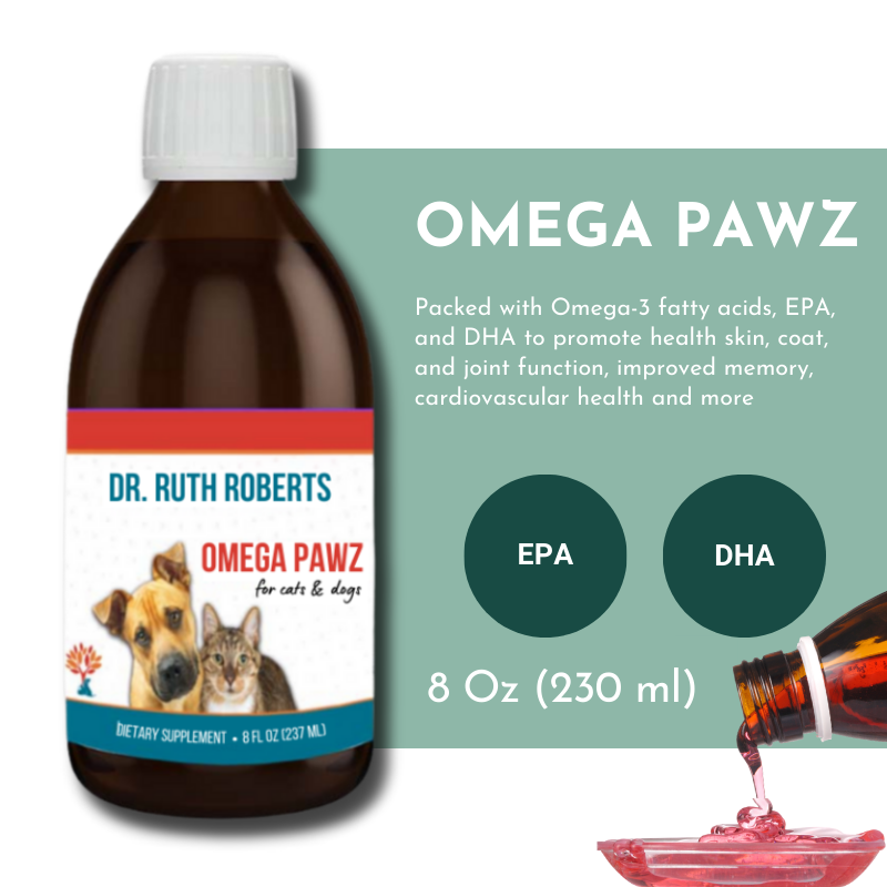Promotional image for Dr. Ruth Roberts Omega Pawz for cats and dogs. The image features a brown bottle with a white label and red and blue accents, indicating it is a dietary supplement containing 8 fl oz (237 ml). The text highlights that the product is packed with Omega-3 fatty acids, EPA, and DHA to promote healthy skin, coat, and joint function, improve memory, support cardiovascular health, and more. The image also includes icons for EPA and DHA and a pouring liquid graphic