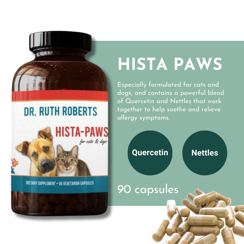 A bottle labeled "Hista Paws" features a picture of a dog and cat on the label. Text reads "Dr. Ruth Roberts, Veterinary Formulated." Two pills are shown in close-up, with ingredients like quercetin and nettles highlighted. This herbal allergy supplement contains 90 capsules for cats and dogs.