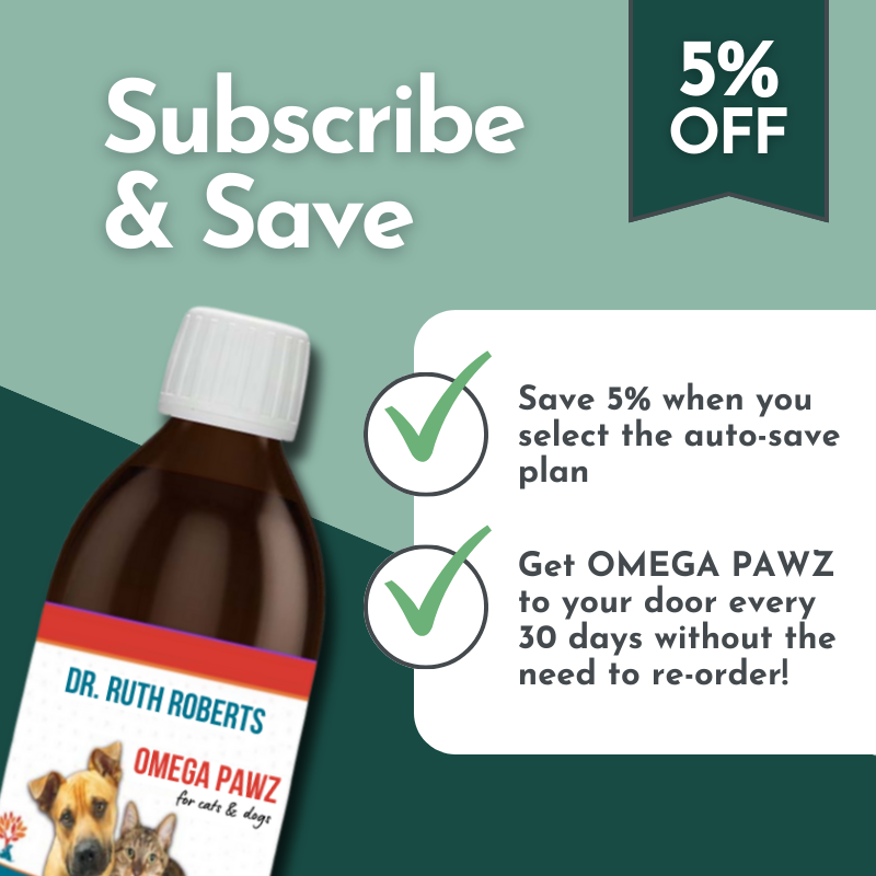 Promotional image for Dr. Ruth Roberts Omega Pawz: Text at the top left reads 'Subscribe & Save,' and '5% OFF' appears in a dark green box at the top right. The image features a tilted bottle of Omega Pawz with a white label and red and blue accents. To the right of the bottle, benefits are highlighted: 'Save 5% with auto-save' and 'Get OMEGA PAWZ delivered every 30 days without re-ordering!' Green check marks accompany each point.