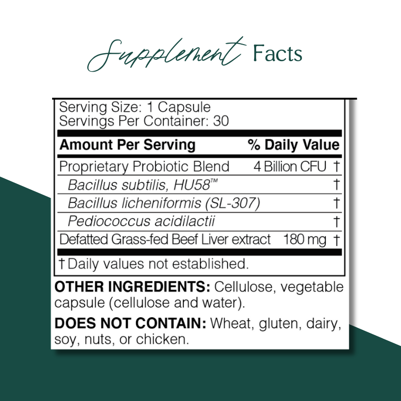 FidoSpore Supplement Facts: 1 capsule (30 servings). Probiotic Blend: 4 Billion CFU (Bacillus subtilis HU58, Bacillus licheniformis SL-307, Pediococcus acidilactici). Beef liver extract: 180 mg. Contains cellulose. Free from wheat, gluten, dairy, soy, nuts, chicken