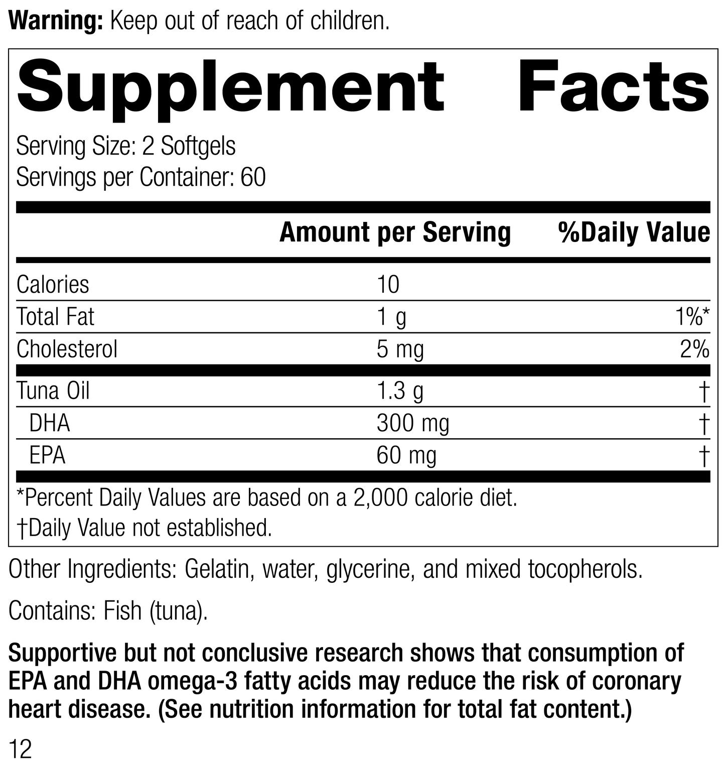 Tuna Omega-3 Oil, 120 Softgels, Rev 11 Supplement Facts