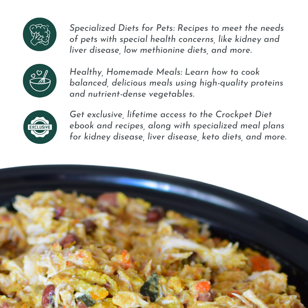 The Original Crockpet Diet Cooking Course, showing a variety of homemade pet meals and fresh ingredients for cats and dogs.