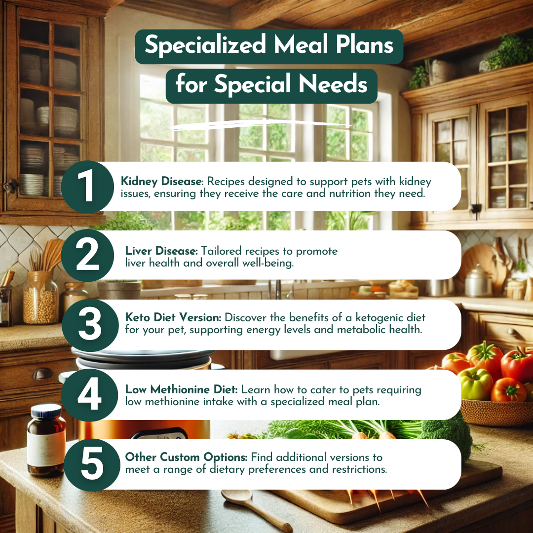 The Original Crockpet Diet Cooking Course, showing a variety of homemade pet meals and fresh ingredients for cats and dogs.