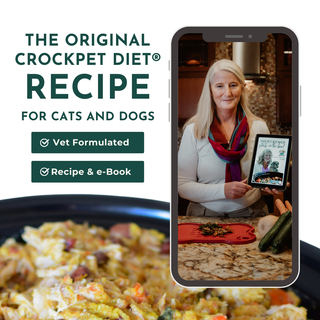 The Original Crockpet Diet Cooking Course, showing a variety of homemade pet meals and fresh ingredients for cats and dogs.