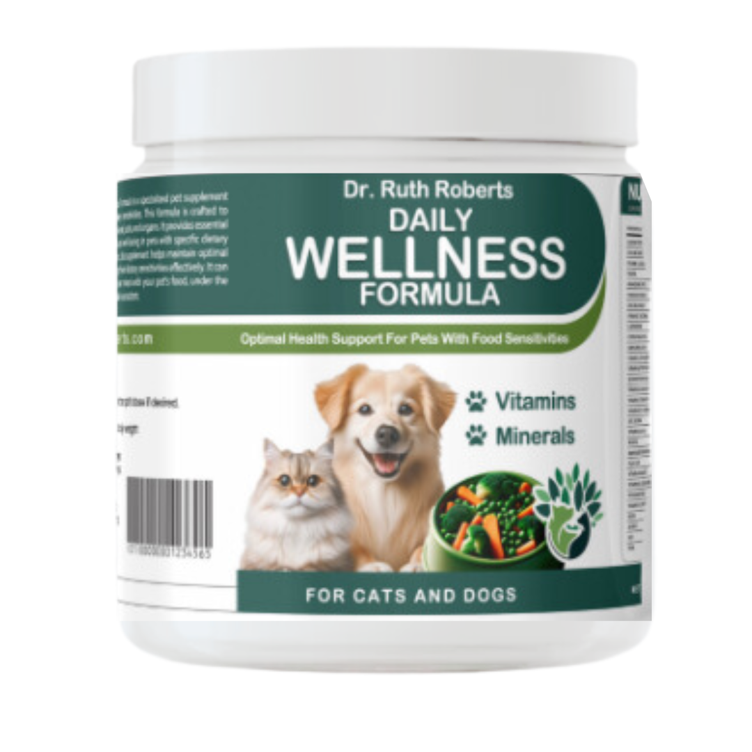 A white container labeled "Dr. Ruth Roberts Daily Wellness Formula" has a green background with white and green text. It's marketed as optimal health support for pets with food sensitivities, providing essential vitamins and minerals. The label shows a dog and cat together with a bowl of vegetables. The text at the bottom reads "For Cats and Dogs," highlighting its focus on daily wellness for pets with dietary sensitivities