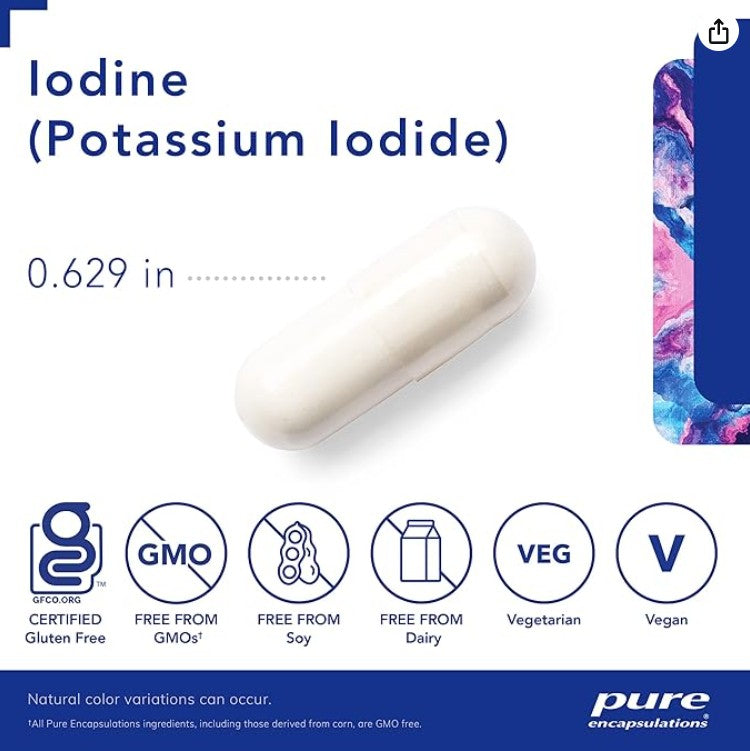 "Bottle of Iodine (Potassium Iodide) 120 Capsules - Thyroid Support Supplement with hypoallergenic, vegan, gluten-free, and non-GMO ingredients."