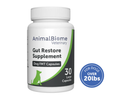 a bottle of AnimalBiome Veterinary Gut Restore Supplement for dogs over 20 pounds. It contains 30 large Dog FMT capsules