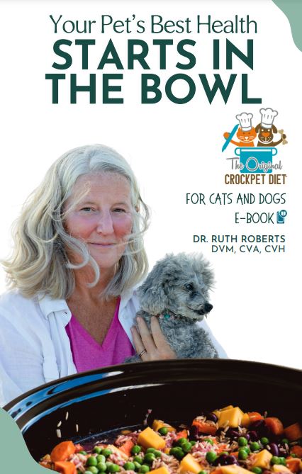 Cover of an e-book titled 'Your Pet's Best Health STARTS IN THE BOWL' by Dr. Ruth Roberts, DVM, CVA, CVH. The cover features a photo of Dr. Ruth Roberts holding a small gray dog, with a crockpet filled with a colorful mix of vegetables and other ingredients in the foreground. The logo for 'The Original CrockPET Diet for Cats and Dogs' is also displayed on the cover.