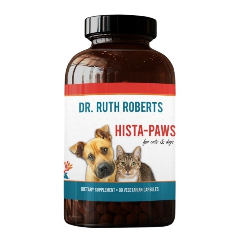 A product bottle labeled "Dr. Ruth Roberts Bites-Paws for Dogs & Cats - Joint Support Supplement." The label features images of a smiling dog and a cat. The bottle has a black cap and contains an herbal allergy supplement intended for your pet's allergies, branded as Hista Paws.