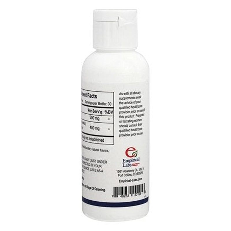 A bottle of Empirical Labs Liposomal Glutathione dietary supplement, containing 4 fluid ounces (120 ml). The back label displays nutritional facts, usage instructions, and a caution statement advising consultation with a healthcare provider before use. The label also includes the Empirical Labs logo and contact information