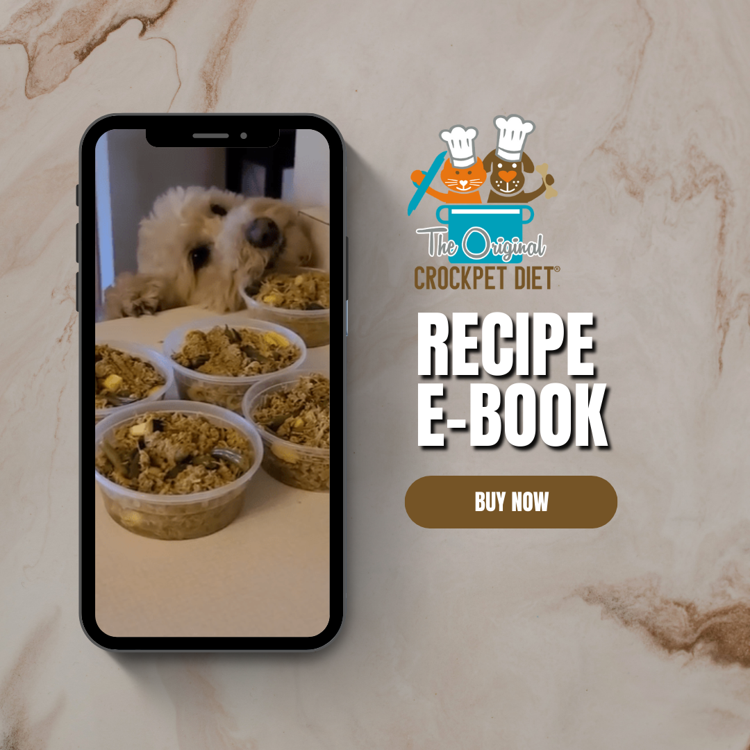 Promotional image for "The Original Crockpet Diet Recipe E-Book." The background is a marble surface. An image of a poodle resting its head near several bowls of prepared pet food is displayed on a smartphone screen. The text "The Original Crockpet Diet" and "Recipe E-Book" are prominently displayed next to the phone, along with the logo featuring a cartoon cat and dog wearing chef hats. A brown button below the text says "Buy Now."