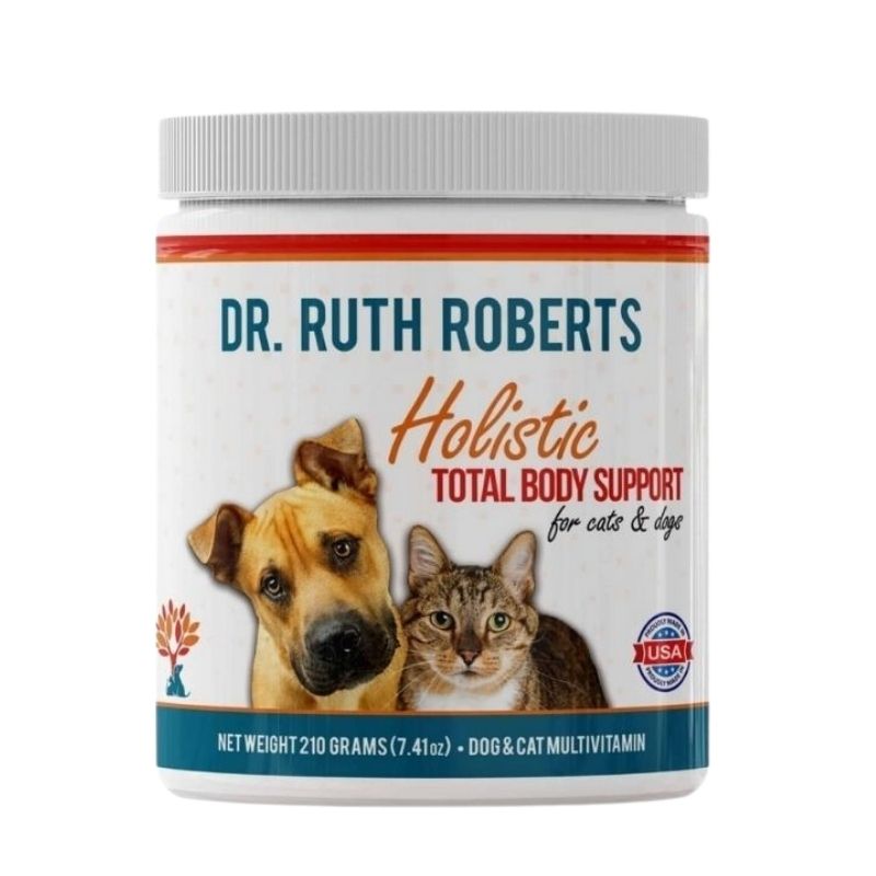 Container of Dr. Ruth Roberts Holistic Total Body Support for cats and dogs. The label features images of a dog and a cat, along with the text 'Dr. Ruth Roberts Holistic Total Body Support for cats & dogs.' The container is labeled as a dog and cat multivitamin with a net weight of 210 grams (7.41 oz). It also features a 'Proudly Made in the USA' emblem