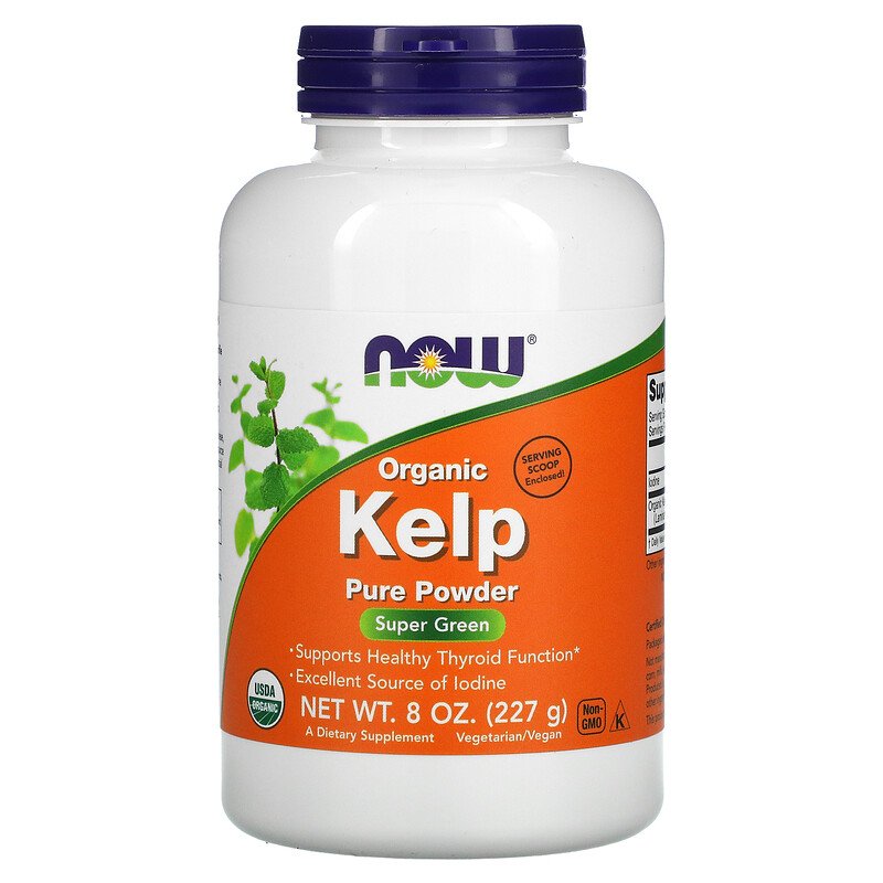 White bottle of NOW Organic Kelp Pure Powder. The label is orange and green with the NOW logo at the top. It indicates the product supports healthy thyroid function and is an excellent source of iodine. The bottle contains 8 oz (227 g) of powder and is labeled as USDA organic, non-GMO, and vegetarian/vegan. A serving scoop is enclosed