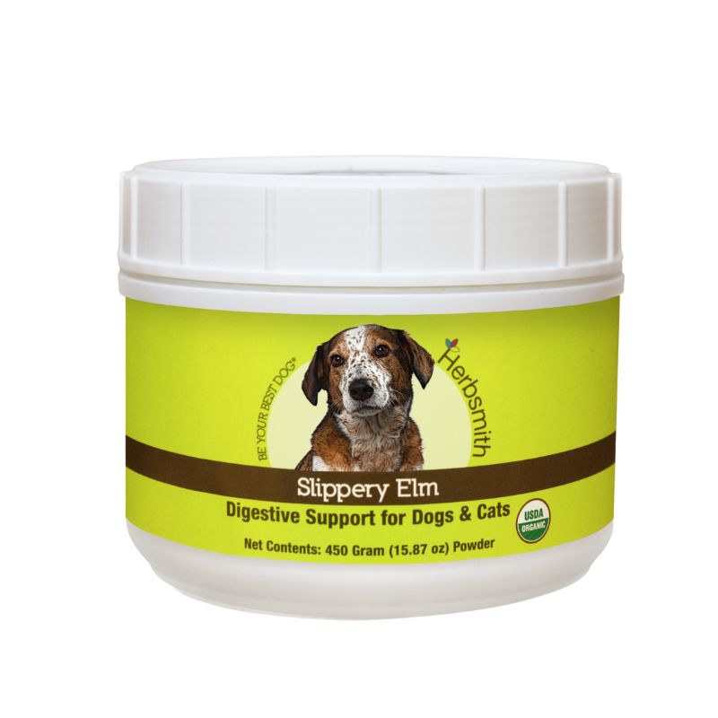A white plastic container of Herbsmith "Slippery Elm," labeled "Digestive Support for Dogs & Cats," features a green label with a photo of a brown and white speckled dog. The Herbsmith logo and tagline "Be Your Best Dog" are at the top. The product name "Slippery Elm" is in white text on a brown strip, with "Digestive Support for Dogs & Cats" in yellow below. The container holds 450 grams (15.87 ounces) of powder and has a USDA Organic seal on the bottom right.