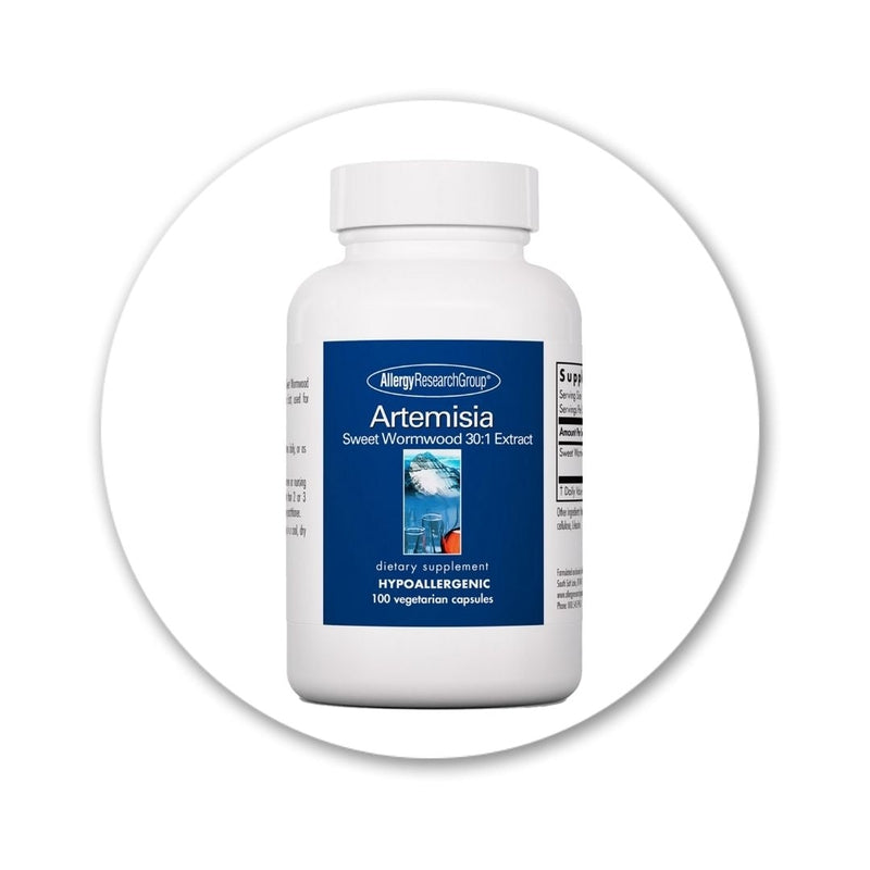Artemesia 100 vegetarian capsules bottle with Sweet Wormwood 30:1 Extra by Allergy Research Goup Extra close up photo