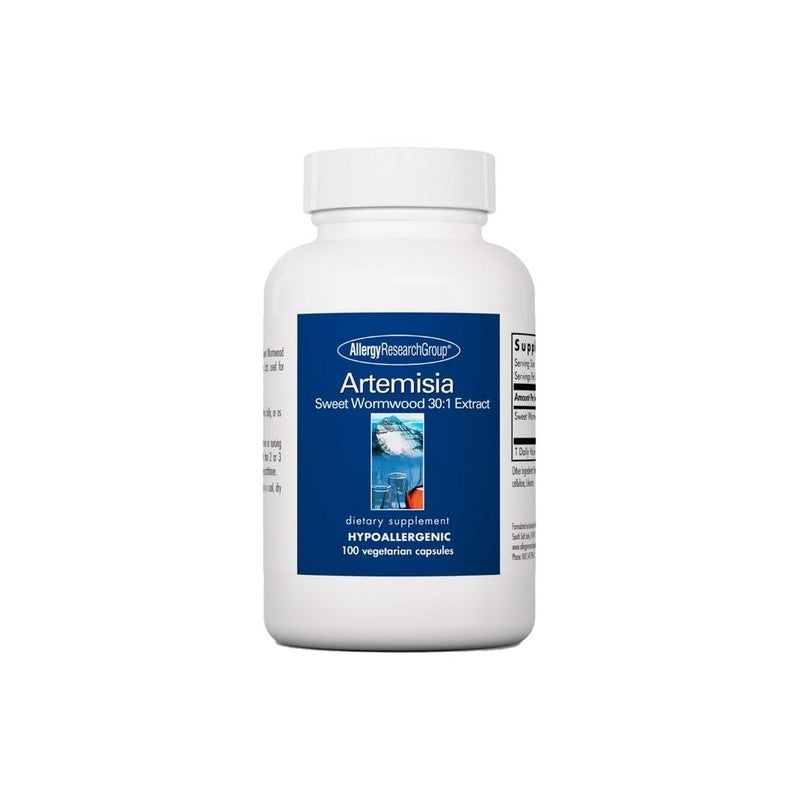 Allergy Research Group Artemisia Sweet Wormwood 30:1 Extract dietary supplement, labeled as hypoallergenic, with 100 vegetarian capsules.