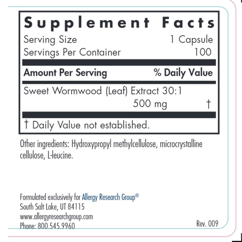 Supplement Facts label for Sweet Wormwood (Leaf) Extract, 500 mg per capsule, with 100 servings per container. Other ingredients include hydroxypropyl methylcellulose, microcrystalline cellulose, and L-leucine. Manufactured by Allergy Research Group.