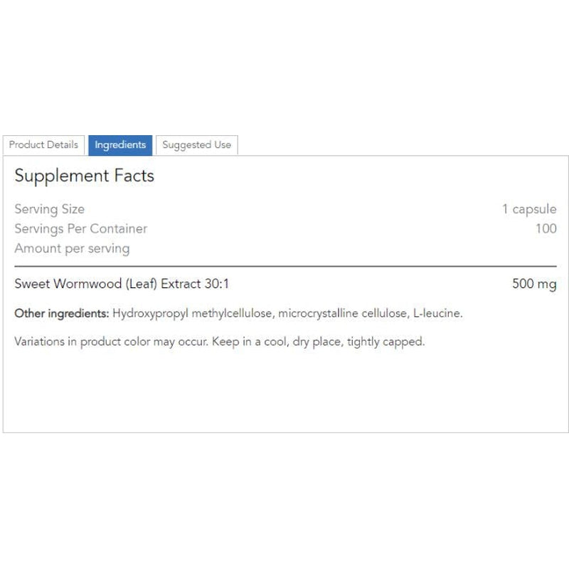 Supplement Facts label for Sweet Wormwood (Leaf) Extract, 500 mg per capsule, with 100 servings per container. Other ingredients include hydroxypropyl methylcellulose, microcrystalline cellulose, and L-leucine. Instructions note that variations in product color may occur and to keep the product in a cool, dry place, tightly capped.