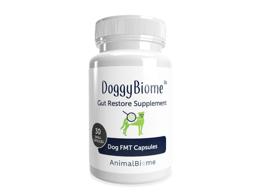 A white bottle labeled "DoggyBiome Gut Restore Supplement" with a graphic of a dog and gut bacteria, indicating "30 Small Capsules" and "Dog FMT Capsules." The brand name "AnimalBiome" is at the bottom.