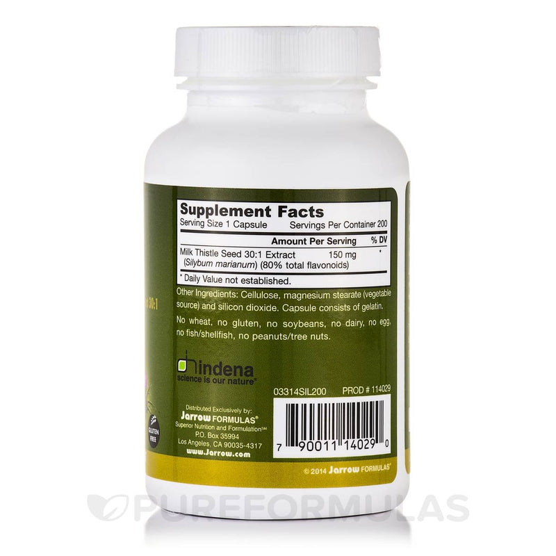 Back label of Jarrow Formulas Milk Thistle supplement bottle. Serving size: 1 capsule, 200 servings per container. Each capsule contains 150 mg of Milk Thistle Seed 30:1 Extract (80% flavonoids). Other ingredients: cellulose, vegetable magnesium stearate, and silicon dioxide. Capsule made of gelatin. The product is free from wheat, gluten, soy, dairy, egg, fish/shellfish, and peanuts/tree nuts. Includes Jarrow Formulas distribution info and a barcode