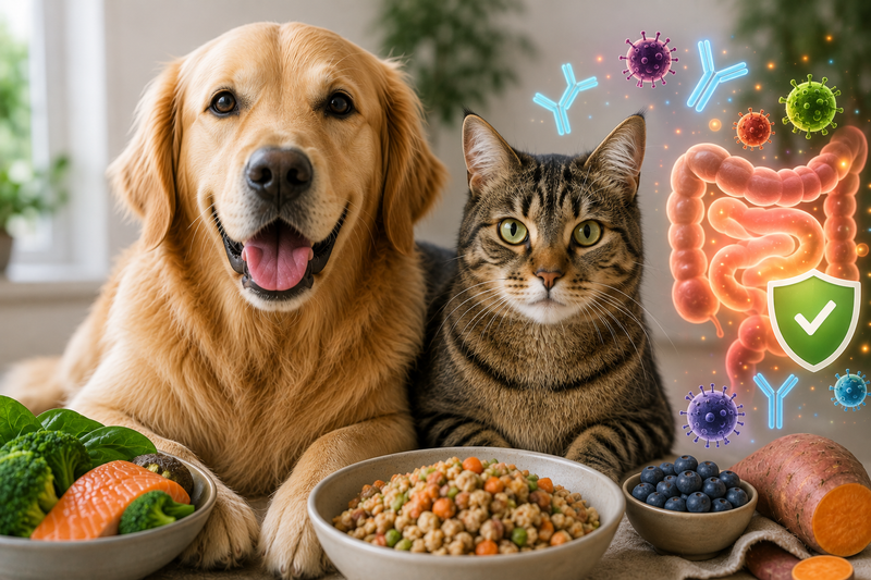 a dog and cat with healthy food for gut health