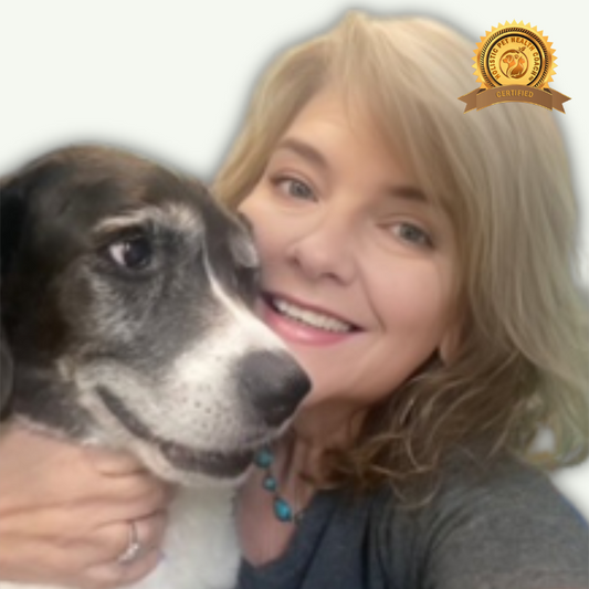Lori Gammon, a woman with shoulder-length blonde hair, is smiling and hugging a black and white dog. She is wearing a gray top and a turquoise necklace. There is a badge in the top right corner of the image that says "Certified" and includes the logo of "Holistic Pet Health Coach."