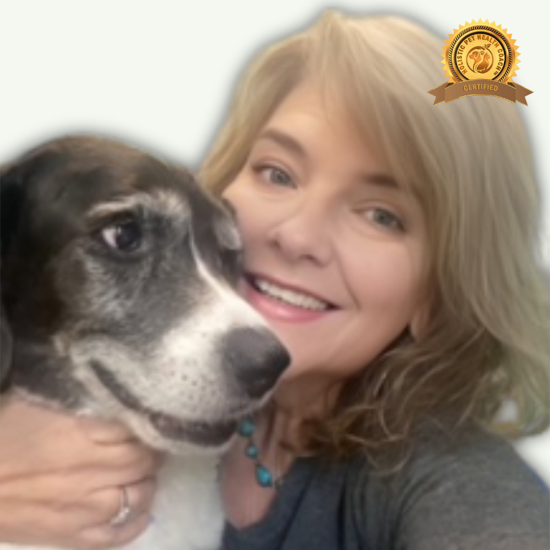  Lori Gammon, a woman with shoulder-length blonde hair, is smiling and hugging a black and white dog. She is wearing a gray top and a turquoise necklace. There is a badge in the top right corner of the image that says "Certified" and includes the logo of "Holistic Pet Health Coach."