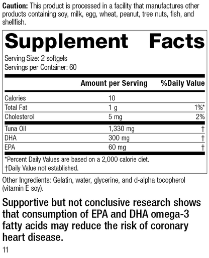 Tuna Omega-3 Oil, 120 Softgels, Rev 11 Supplement Facts