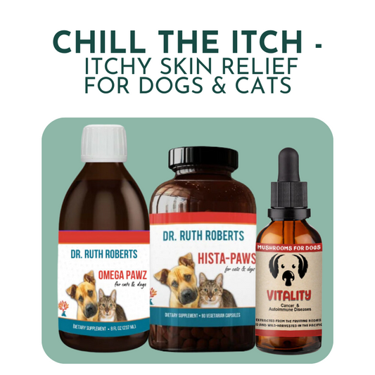 The Chill The Itch -  Itchy Skin Relief for Dogs & Cats with Omega Pawz Fish Oil, Hista Paws Herbal Allergy Relief, and Vitality Mushroom Drops for Dogs
