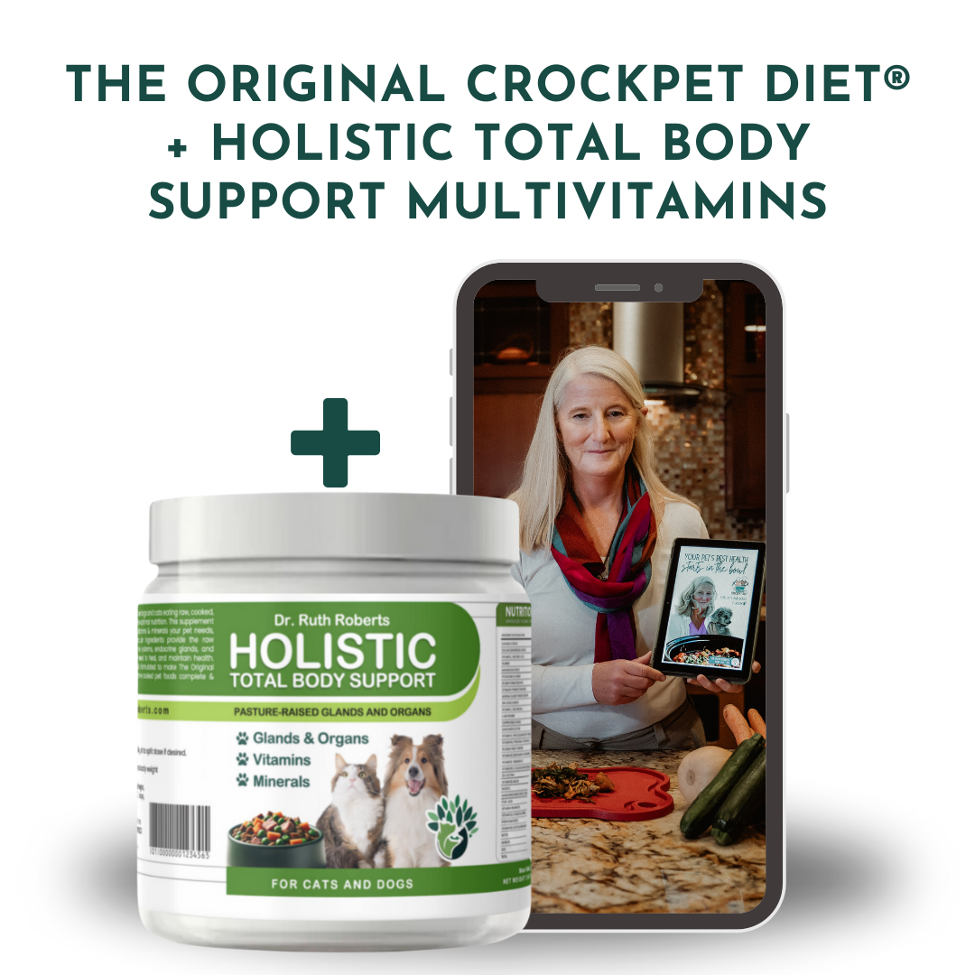 The Original Crockpet Diet bundle with Holistic Total Body Support Multivitamins on a kitchen countertop with fresh vegetables and supplements
