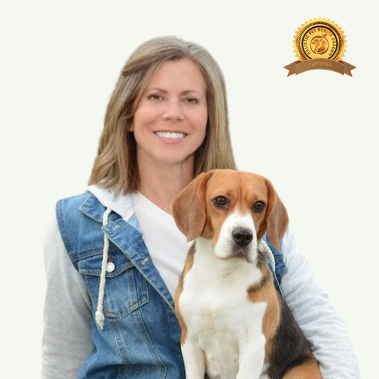 Kristy Green, a smiling woman with shoulder-length blonde hair, wearing a denim and grey hoodie, holds a Beagle dog. In the upper right corner, there is a golden badge with the text 'Holistic Pet Health Coach Certified'