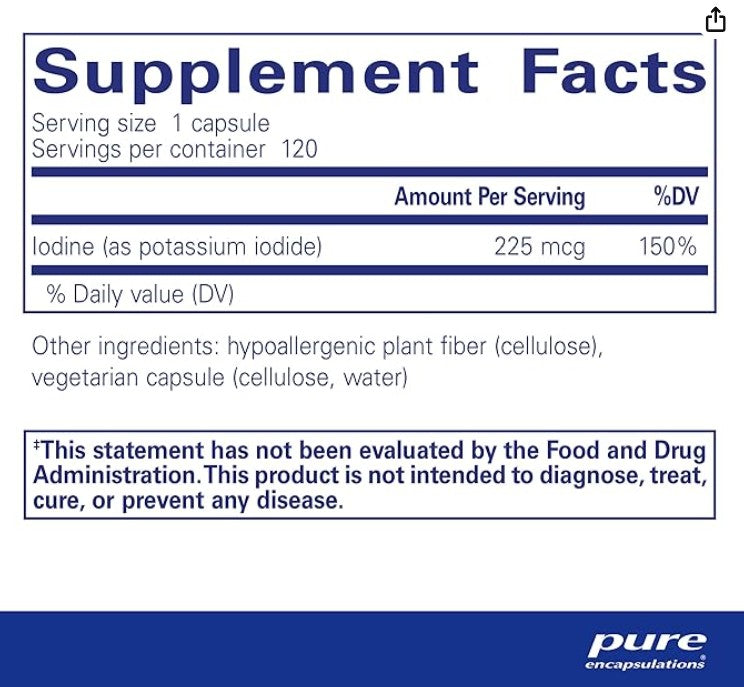 "Bottle of Iodine (Potassium Iodide) 120 Capsules - Thyroid Support Supplement with hypoallergenic, vegan, gluten-free, and non-GMO ingredients."
