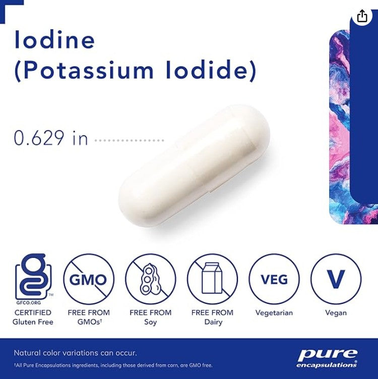 "Bottle of Iodine (Potassium Iodide) 120 Capsules - Thyroid Support Supplement with hypoallergenic, vegan, gluten-free, and non-GMO ingredients."
