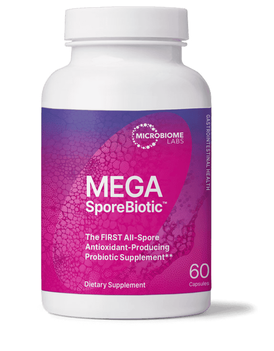 White bottle of Microbiome Labs MegaSporeBiotic, an all-spore antioxidant-producing probiotic supplement. The label is pink and purple with white text and features the Microbiome Labs logo. The bottle contains 60 capsule