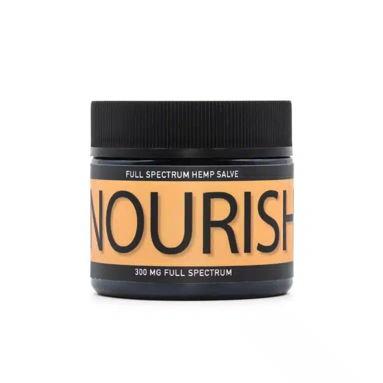 A jar of Full Spectrum Hemp Salve NOURISH for dogs. The jar has a peach-colored label with black text reading 'FULL SPECTRUM HEMP SALVE' and 'NOURISH.' It also indicates '300 MG FULL SPECTRUM' at the bottom