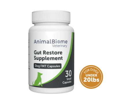  A white bottle labeled "AnimalBiome Veterinary Gut Restore Supplement Dog FMT Capsules" with 30 small capsules, for dogs under 20 lbs