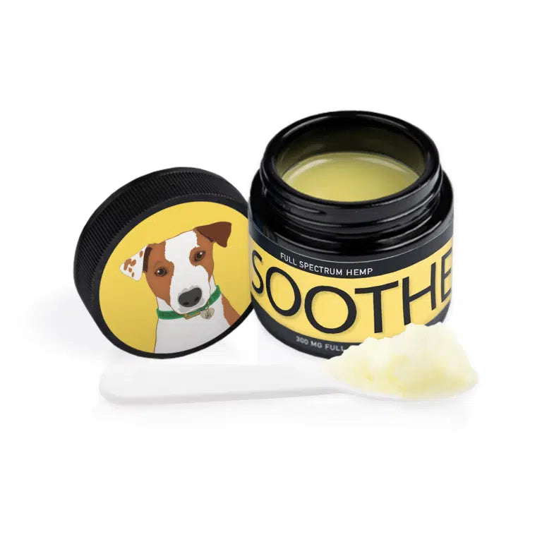 A jar of Full Spectrum Hemp SOOTHE for dogs with the lid off, showing the yellow salve inside. The label on the jar reads 'FULL SPECTRUM HEMP' and 'SOOTHE 300 MG FULL SPECTRUM.' The lid, placed next to the jar, features an illustration of a dog with a brown and white face, wearing a green collar and a tag. A small white spatula with a portion of the salve is placed in front of the jar.