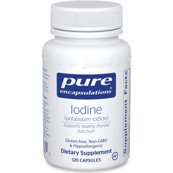 "Bottle of Iodine (Potassium Iodide) 120 Capsules - Thyroid Support Supplement with hypoallergenic, vegan, gluten-free, and non-GMO ingredients."
