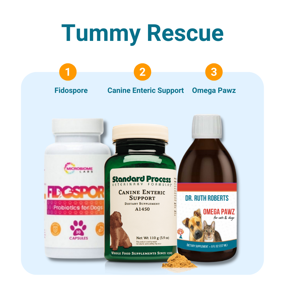 Tummy Rescue Bundle: Fidospore , Canine Enteric Support and Omega Pawz 