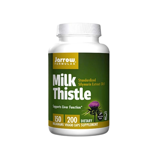 White bottle of Jarrow Formulas Milk Thistle dietary supplement. The label is green and yellow, indicating it contains standardized silymarin extract 30:1. The supplement supports liver function and comes in 200 veggie capsules, each containing 150 milligrams. The label also highlights that the product is gluten-free