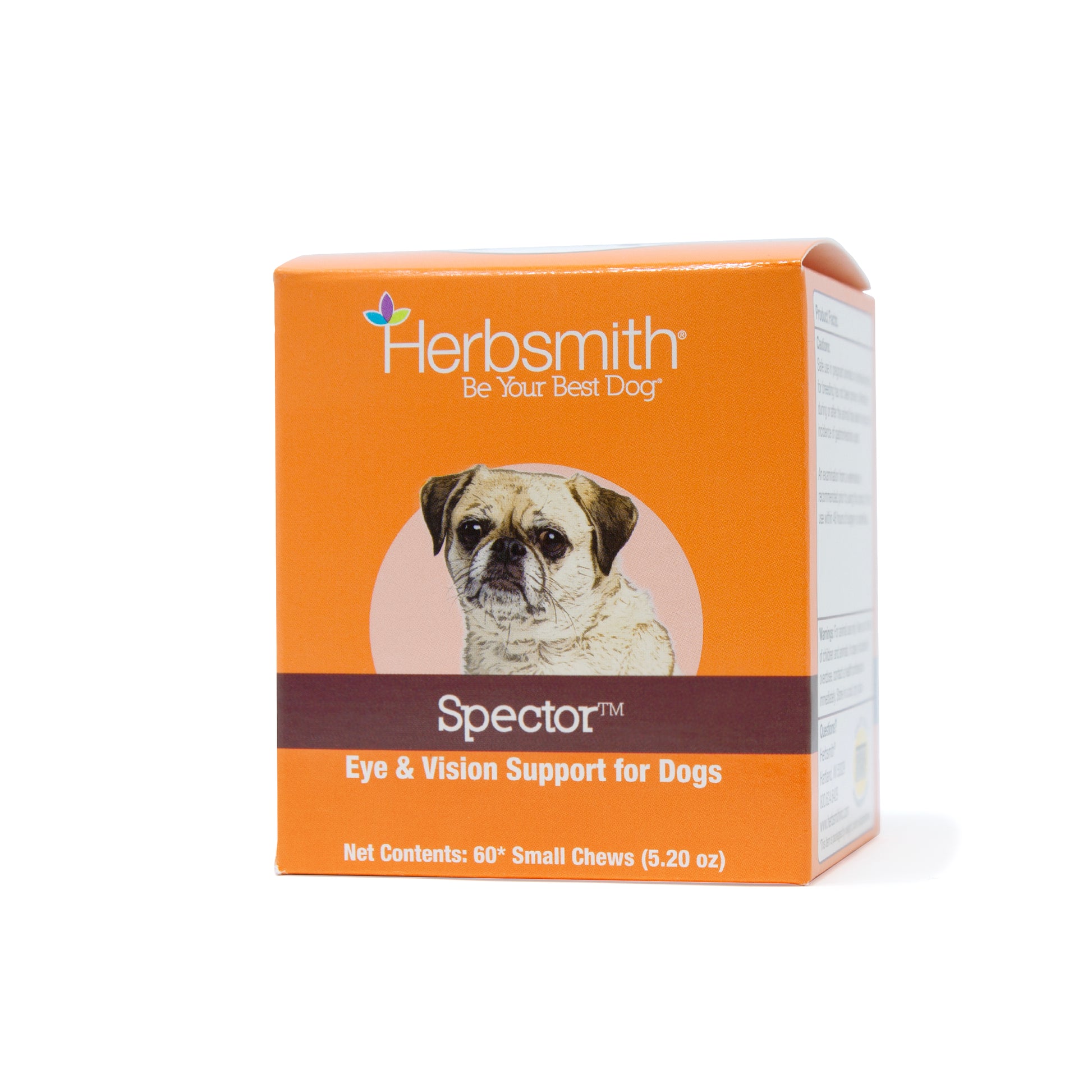 An orange box of Herbsmith "Spector" Eye & Vision Support for Dogs features a pug photo on the front. The Herbsmith logo and tagline "Be Your Best Dog" are at the top. The product name "Spector" is in white text on a brown background strip, with "Eye & Vision Support for Dogs" below in white text. The box contains 60+ small chews (5.20 ounces).