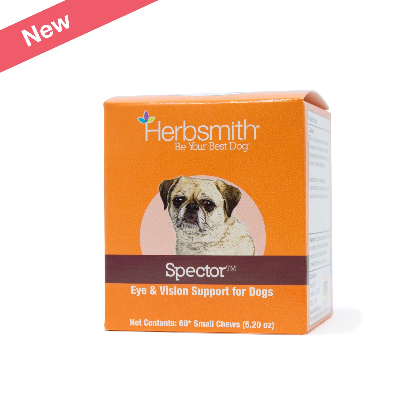 An orange box of Herbsmith "Spector," labeled as "Eye & Vision Support for Dogs." The front of the box features a photo of a pug dog. The Herbsmith logo and tagline "Be Your Best Dog" are at the top. Below the dog's image, the product name "Spector" is displayed in white text on a brown background strip. Underneath, it states "Eye & Vision Support for Dogs" in white text. The box also indicates that it contains 60+ small chews (5.20 ounces). In the top left corner, there is a red banner with the word "New" 