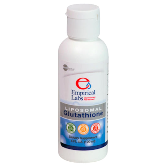 A bottle of Empirical Labs Liposomal Glutathione dietary supplement, containing 4 fluid ounces (120 ml). The label is white with a red and blue logo, and text 'Liposomal Glutathione' in bold, with health benefit icons at the bottom.