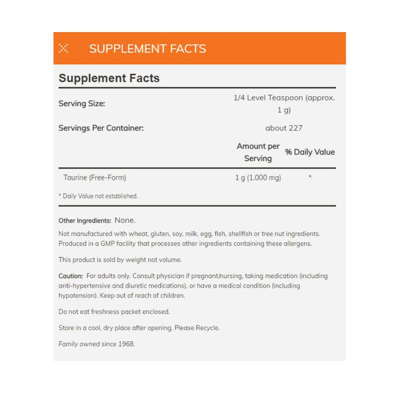Taurine Powder (100% Pure) 8 oz - Supplement facts