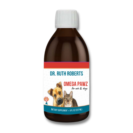 Brown bottle of Dr. Ruth Roberts Omega Pawz for cats and dogs. The label is white with a red and blue border and features illustrations of a dog and a cat. The text indicates it is a dietary supplement, containing 8 fl oz (237 ml).